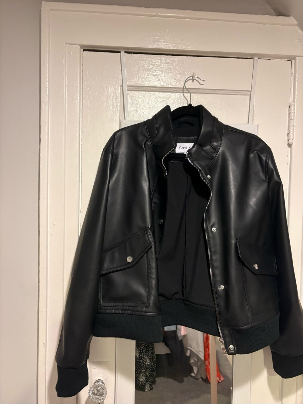 Calvin Klein Black Faux Leather Bomber with Snap Pockets